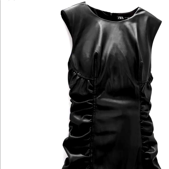 Zara ruched faux leather dress w/ shoulder pads - Picture 1 of 6